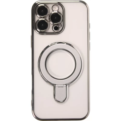 Coque iPhone 16 Pro Max - Silicone transparente avec anneau rotatif argent&eacute; - Transparent