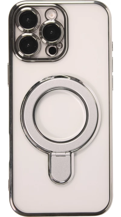 iPhone 16 Pro Max Case H&uuml;lle - Transparente Silikon mit silbernem Drehring - Transparent