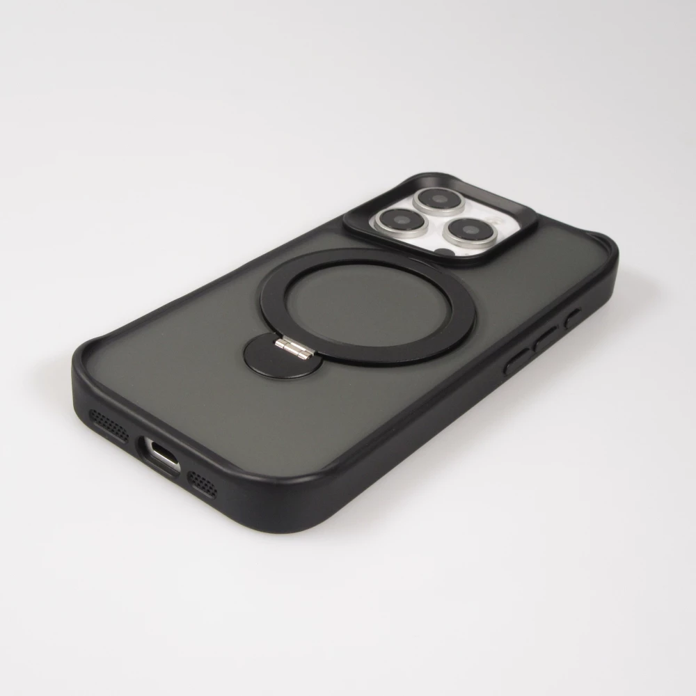 iPhone 16 Pro Max Case Hülle - Transparente Minimalistisch mit Drehring und Verstärkten Kanten - Schwarz