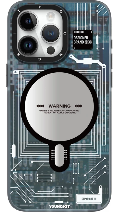 Coque iPhone 16 Pro Max - Youngkit silicone compatible MagSafe design circuit style puce &eacute;lectronique - Bleu