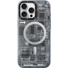 Coque iPhone 16 Pro Max - Youngkit silicone compatible MagSafe design circuit style puce &eacute;lectronique - Gris