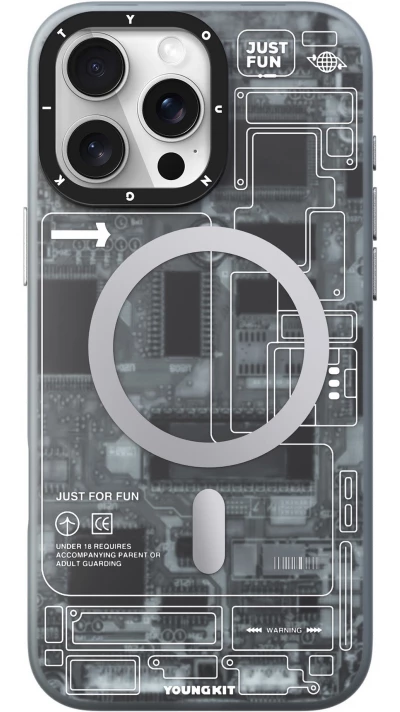 Coque iPhone 16 Pro Max - Youngkit silicone compatible MagSafe design circuit style puce &eacute;lectronique - Gris