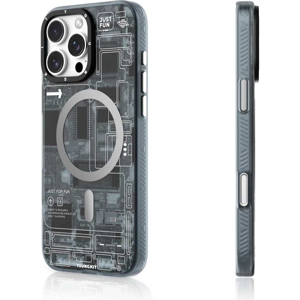 Coque iPhone 16 Pro Max - Youngkit silicone compatible MagSafe design circuit style puce &eacute;lectronique - Gris