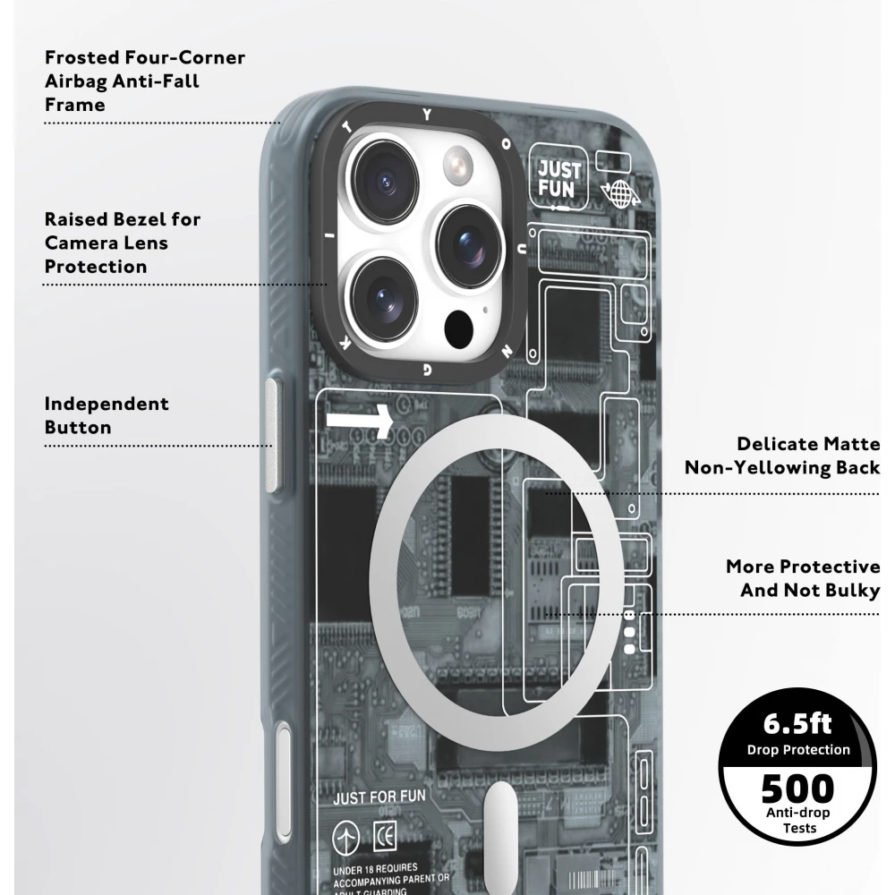 Coque iPhone 16 Pro Max - Youngkit silicone compatible MagSafe design circuit style puce &eacute;lectronique - Gris