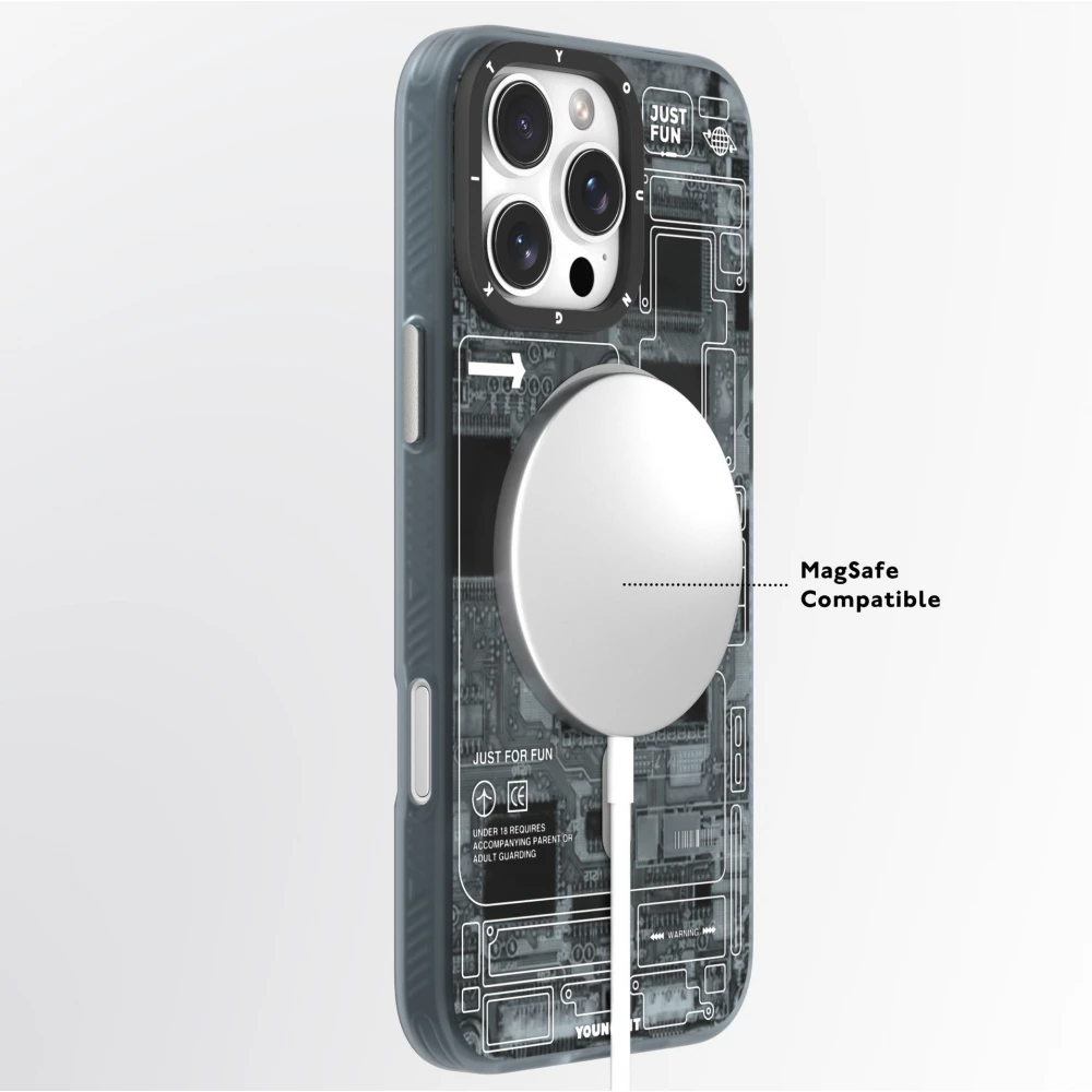 Coque iPhone 16 Pro Max - Youngkit silicone compatible MagSafe design circuit style puce &eacute;lectronique - Gris