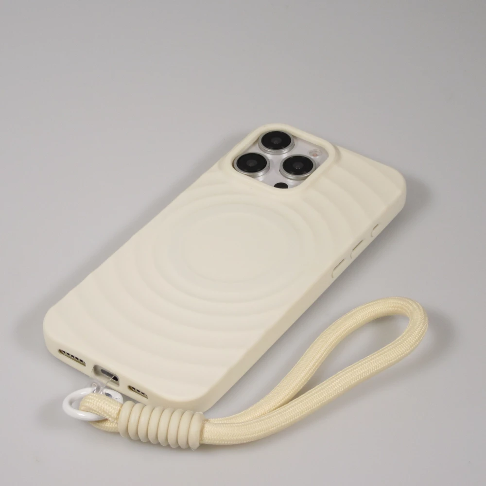 Coque iPhone 16 Pro - Silicone Soft Touch MagSafe avec vagues et lani&egrave;re - Blanc