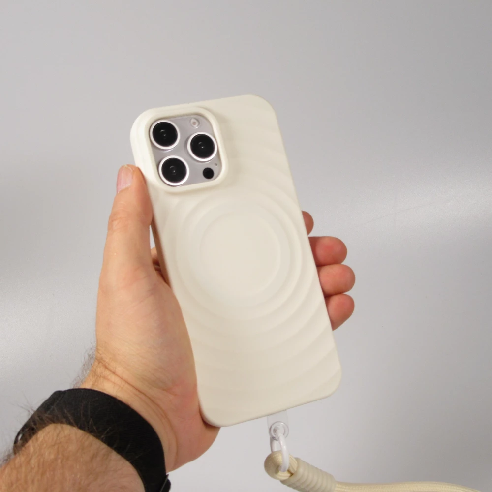 Coque iPhone 16 Pro - Silicone Soft Touch MagSafe avec vagues et lani&egrave;re - Blanc