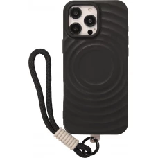Coque iPhone 16 Pro - Silicone Soft Touch MagSafe avec vagues et lani&egrave;re - Noir