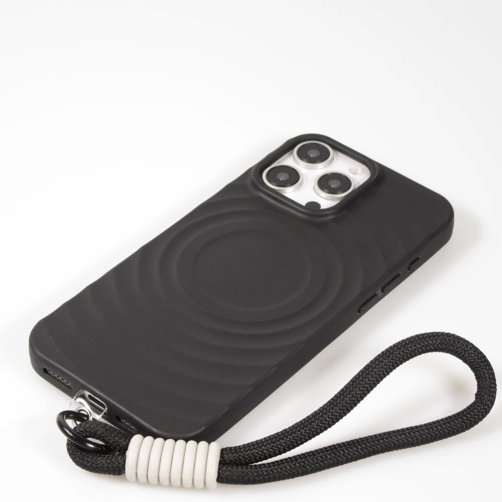 Coque iPhone 16 Pro - Silicone Soft Touch MagSafe avec vagues et lani&egrave;re - Noir