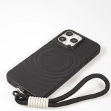Coque iPhone 16 Pro - Silicone Soft Touch MagSafe avec vagues et lani&egrave;re - Noir