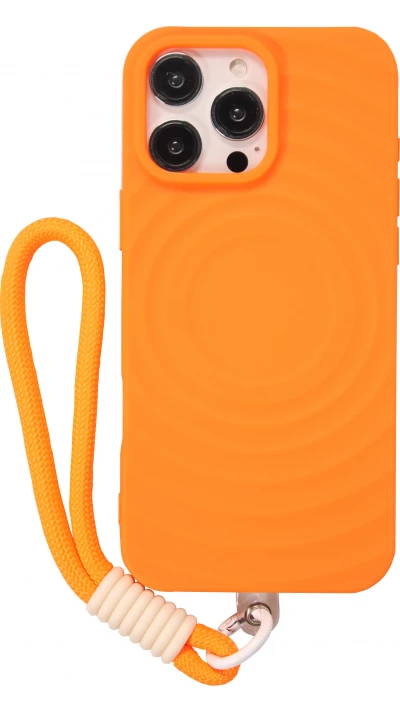 Coque iPhone 16 Pro - Silicone Soft Touch MagSafe avec vagues et lani&egrave;re - Orange