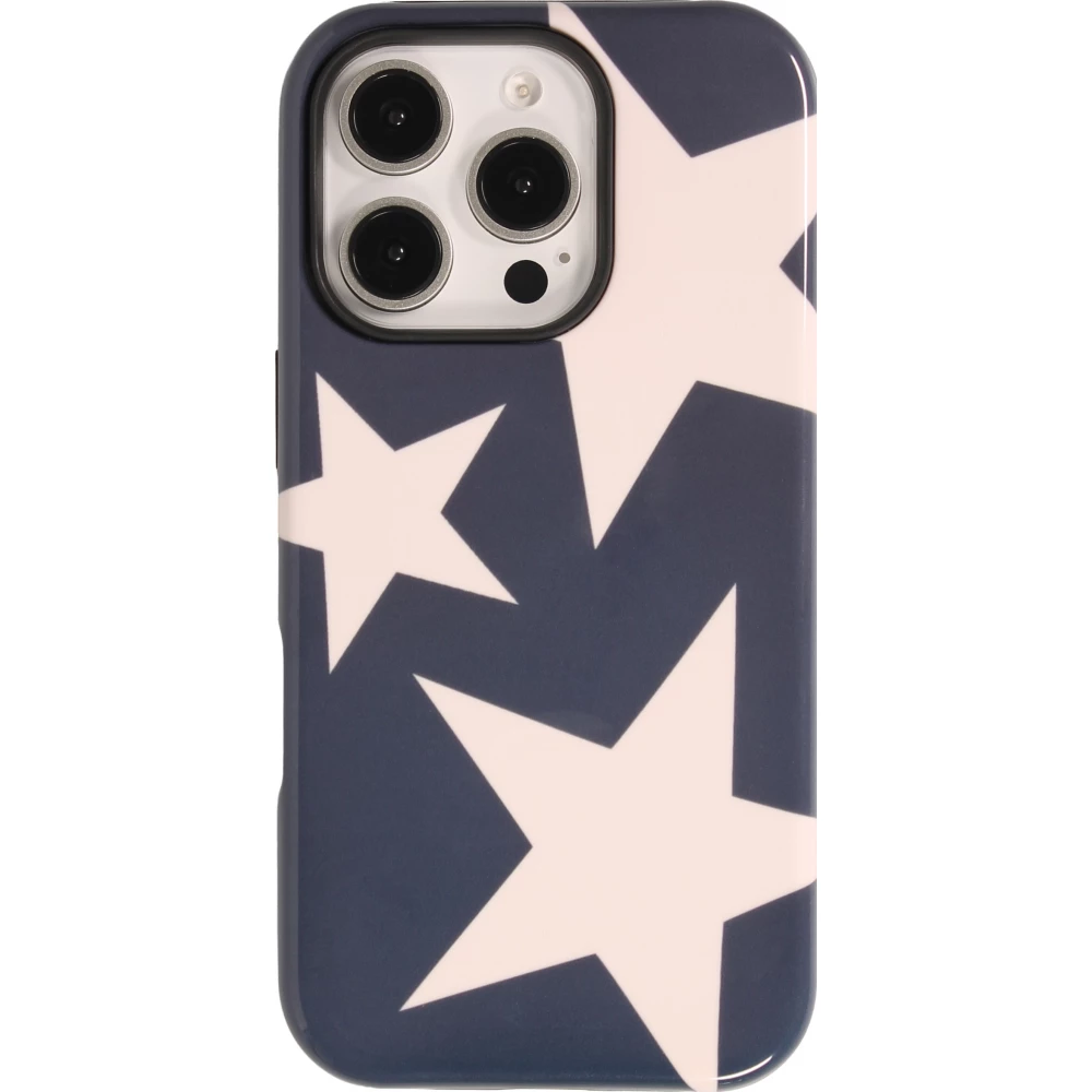 Coque iPhone 16 Pro - Star pop à motif étoiles double protection renforcée avec intérieur en silicone et extérieur en plastique rigide - Bleu