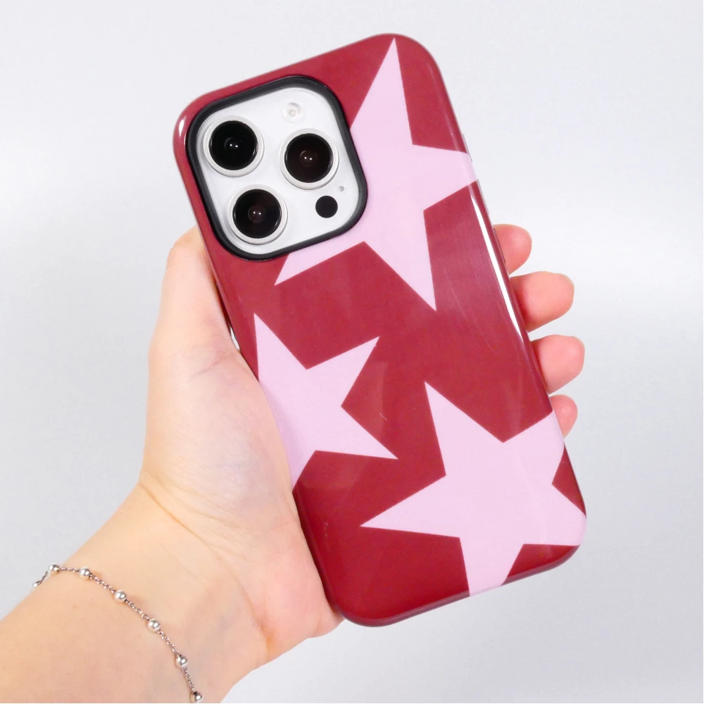 Coque iPhone 16 Pro - Star pop à motif étoiles double protection renforcée avec intérieur en silicone et extérieur en plastique rigide - Bordeaux