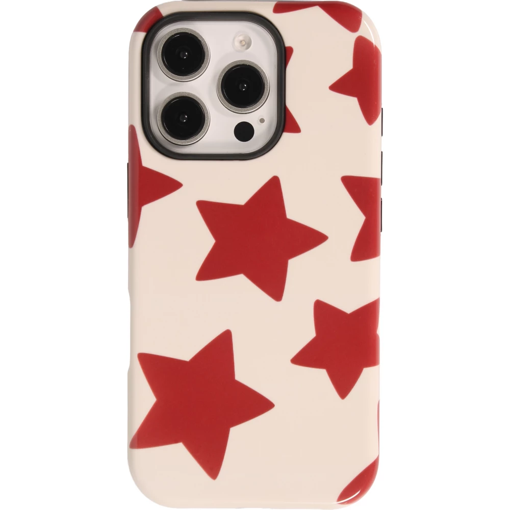 Coque iPhone 16 Pro - Star pop à motif étoiles double protection renforcée avec intérieur en silicone et extérieur en plastique rigide - Rouge
