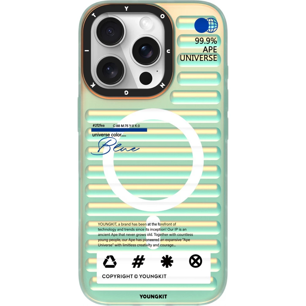 Coque iPhone 16 Pro - Youngkit effet iris&eacute; univers bleu avec reflets changeants - Bleu