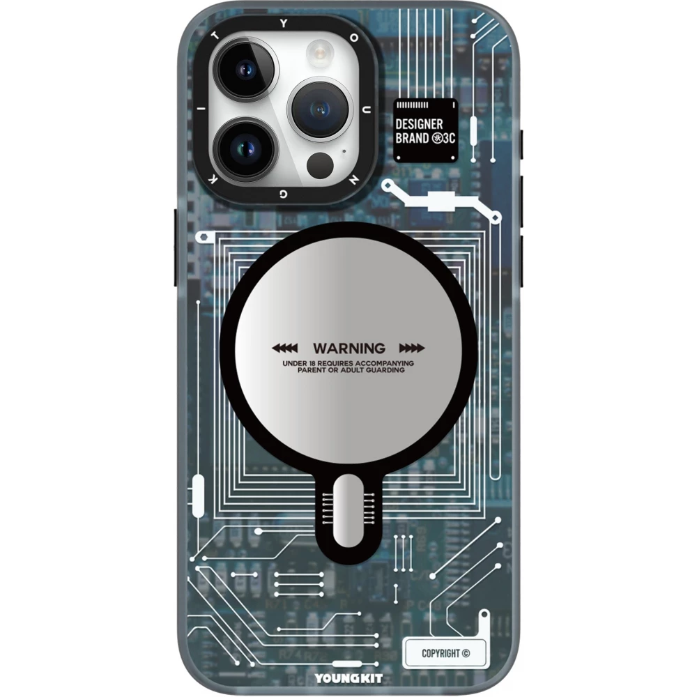 Coque iPhone 16 Pro - Youngkit silicone compatible MagSafe design circuit style puce &eacute;lectronique - Bleu