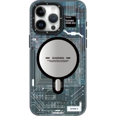 Coque iPhone 16 Pro - Youngkit silicone compatible MagSafe design circuit style puce &eacute;lectronique - Bleu