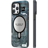Coque iPhone 16 Pro - Youngkit silicone compatible MagSafe design circuit style puce &eacute;lectronique - Bleu