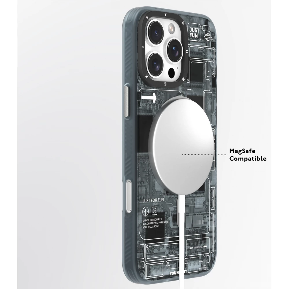 Coque iPhone 16 Pro - Youngkit silicone compatible MagSafe design circuit style puce &eacute;lectronique - Bleu