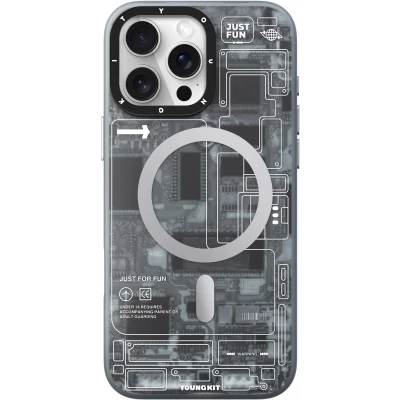 Coque iPhone 16 Pro - Youngkit silicone compatible MagSafe design circuit style puce &eacute;lectronique - Gris