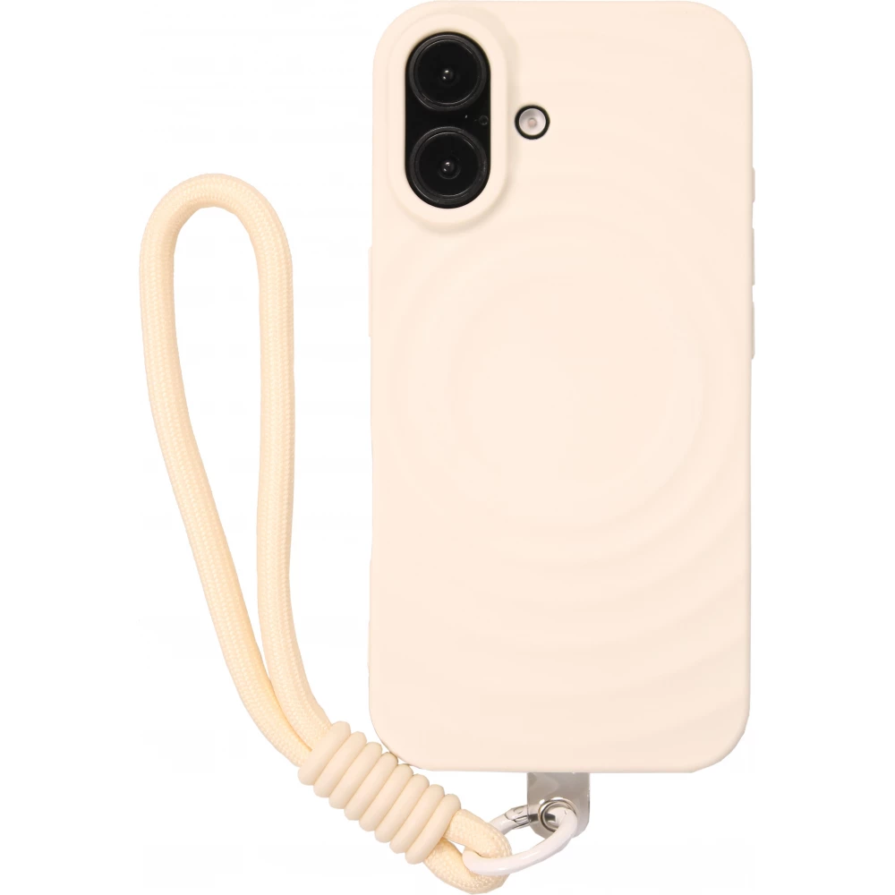 Coque iPhone 16 - Silicone Soft Touch MagSafe avec vagues et lani&egrave;re - Blanc