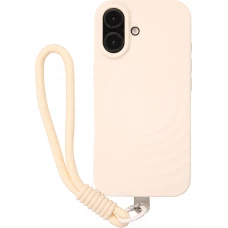 Coque iPhone 16 - Silicone Soft Touch MagSafe avec vagues et lani&egrave;re - Blanc