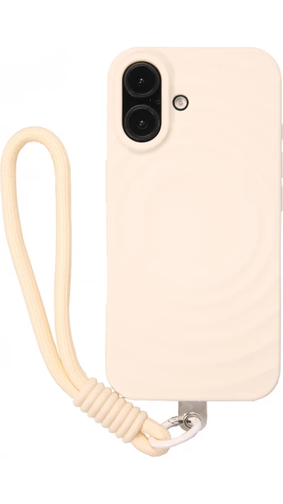 Coque iPhone 16 - Silicone Soft Touch MagSafe avec vagues et lani&egrave;re - Blanc