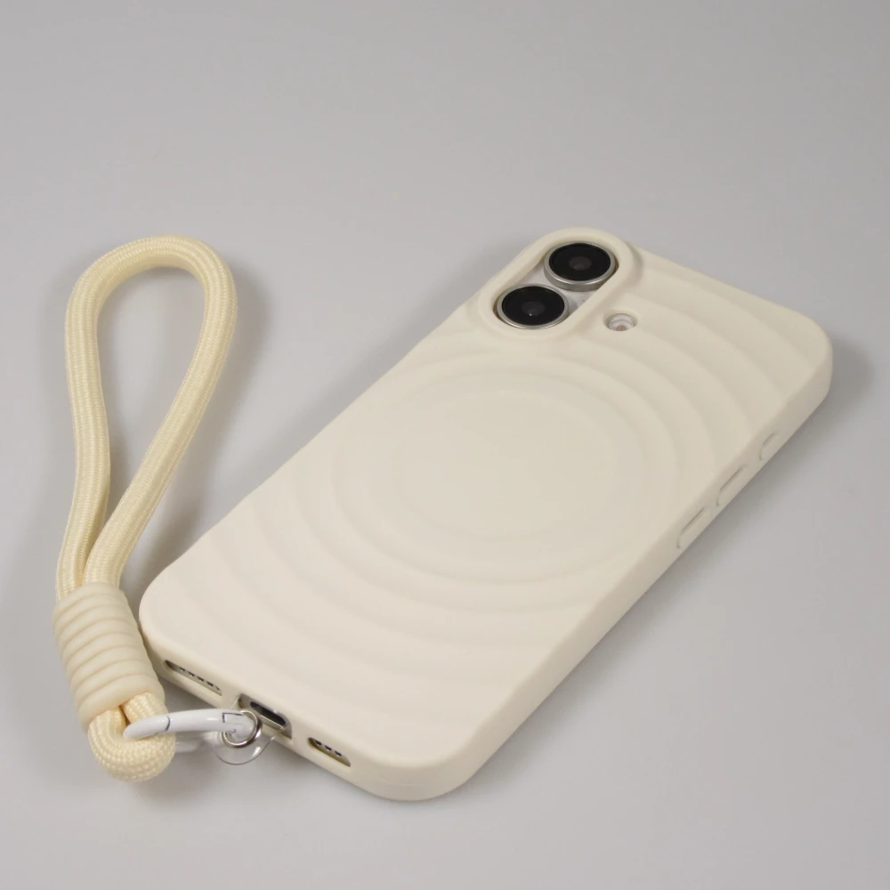 Coque iPhone 16 - Silicone Soft Touch MagSafe avec vagues et lani&egrave;re - Blanc