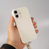 Coque iPhone 16 - Silicone Soft Touch MagSafe avec vagues et lani&egrave;re - Blanc