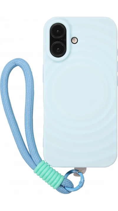 Coque iPhone 16 - Silicone Soft Touch MagSafe avec vagues et lani&egrave;re - Bleu