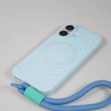 Coque iPhone 16 - Silicone Soft Touch MagSafe avec vagues et lani&egrave;re - Bleu