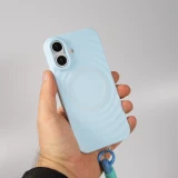Coque iPhone 16 - Silicone Soft Touch MagSafe avec vagues et lani&egrave;re - Bleu