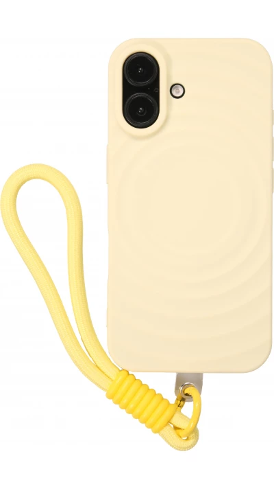 Coque iPhone 16 - Silicone Soft Touch MagSafe avec vagues et lani&egrave;re - Jaune