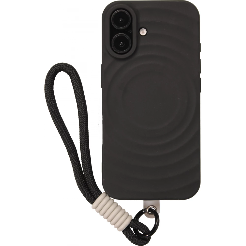 Coque iPhone 16 - Silicone Soft Touch MagSafe avec vagues et lani&egrave;re - Noir