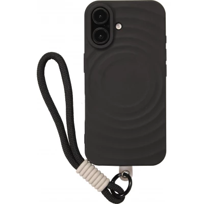 Coque iPhone 16 - Silicone Soft Touch MagSafe avec vagues et lani&egrave;re - Noir