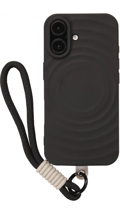 Coque iPhone 16 - Silicone Soft Touch MagSafe avec vagues et lani&egrave;re - Noir