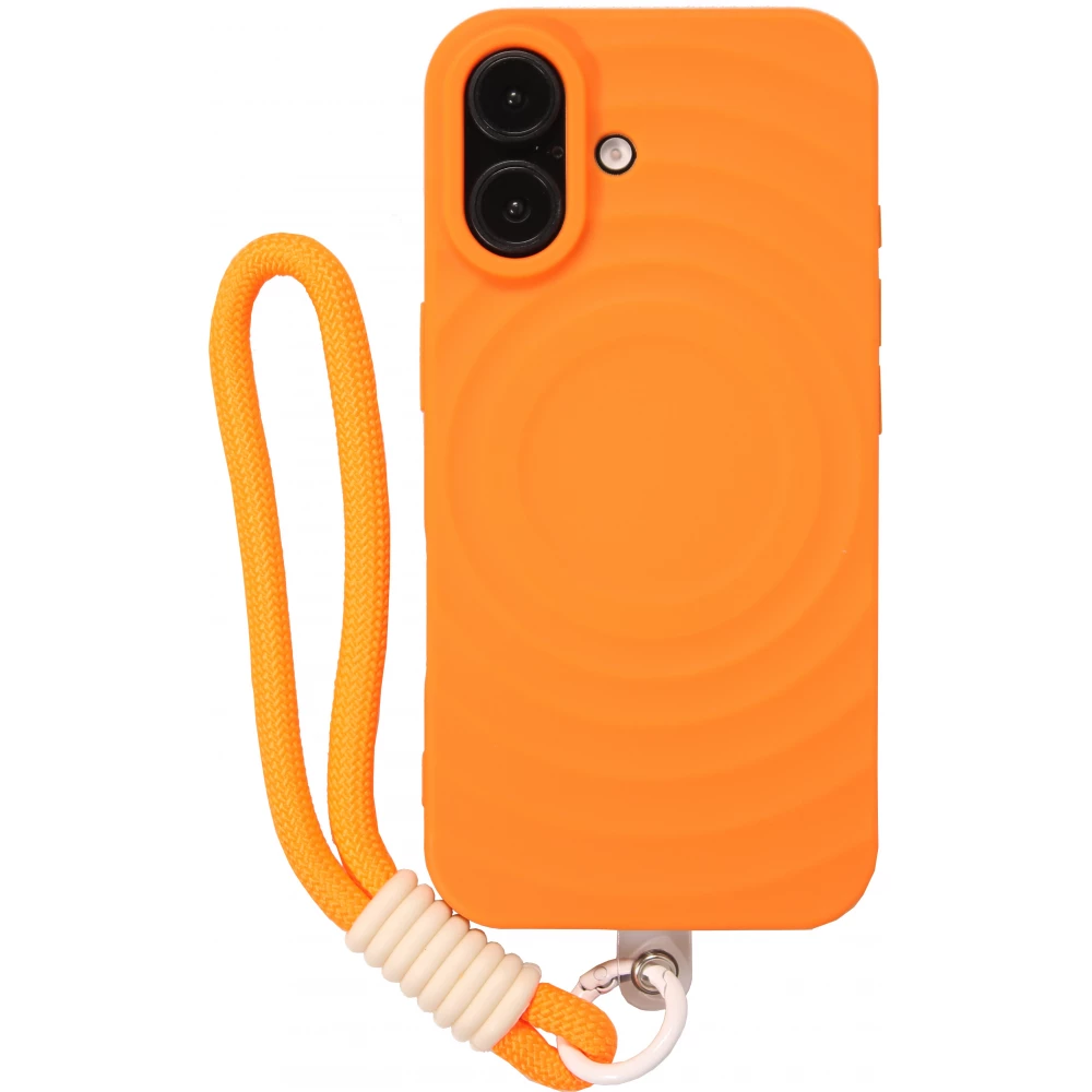 Coque iPhone 16 - Silicone Soft Touch MagSafe avec vagues et lani&egrave;re - Orange