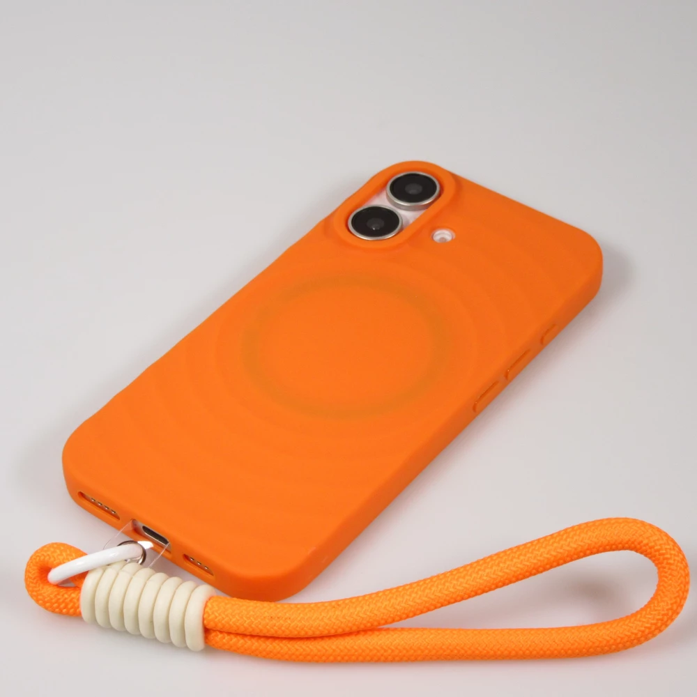 Coque iPhone 16 - Silicone Soft Touch MagSafe avec vagues et lani&egrave;re - Orange