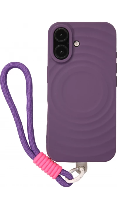 Coque iPhone 16 - Silicone Soft Touch MagSafe avec vagues et lani&egrave;re - Violet