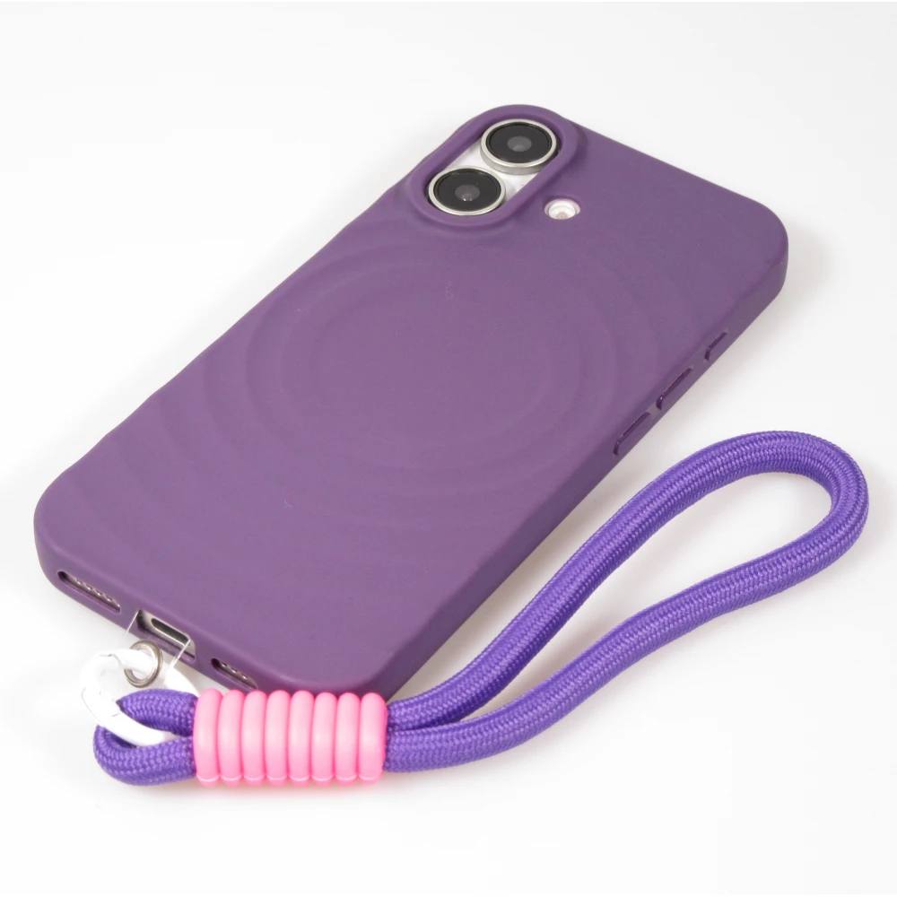 Coque iPhone 16 - Silicone Soft Touch MagSafe avec vagues et lani&egrave;re - Violet