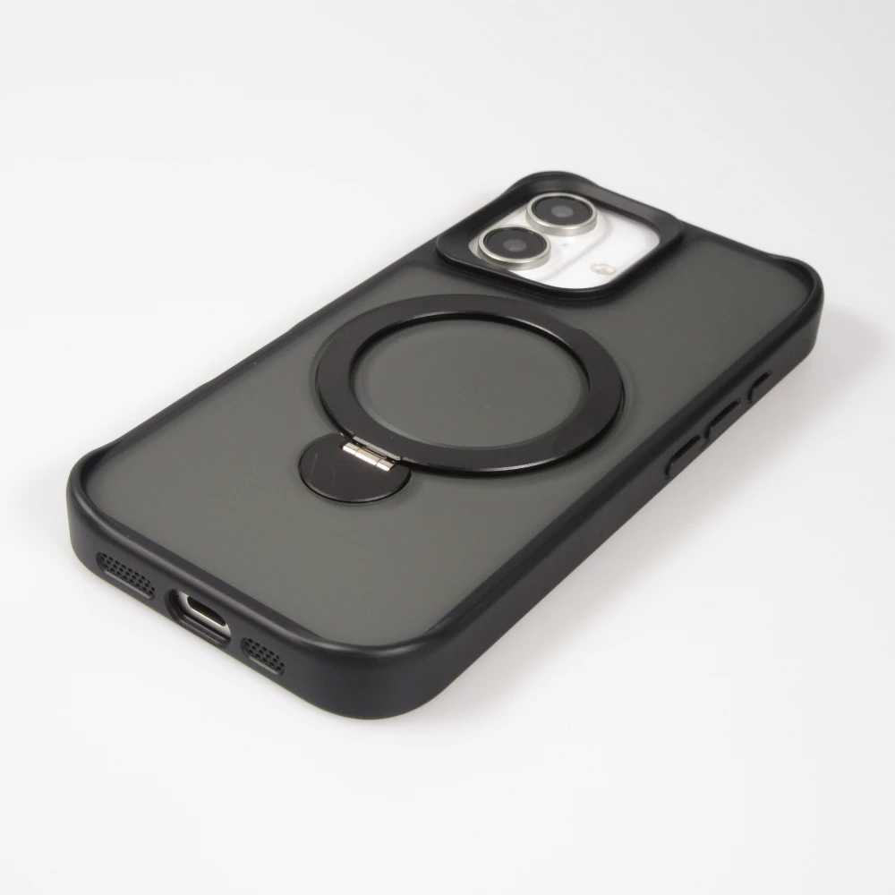 iPhone 16 Case Hülle - Transparente Minimalistische mit Drehring und Verstärkten Kanten - Schwarz