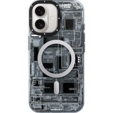 Coque iPhone 16 - Youngkit silicone compatible MagSafe design circuit style puce &eacute;lectronique - Gris