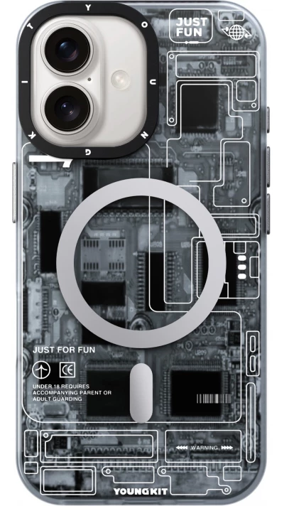 Coque iPhone 16 - Youngkit silicone compatible MagSafe design circuit style puce &eacute;lectronique - Gris
