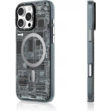 Coque iPhone 16 - Youngkit silicone compatible MagSafe design circuit style puce &eacute;lectronique - Gris