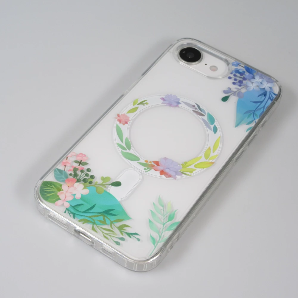 Coque iPhone 17e / 16e - Gel silicone rigide avec MagSafe fleurs de printemps - Transparent