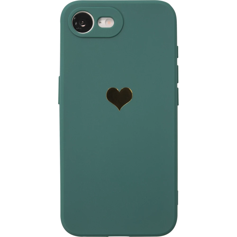 iPhone 16e Case Hülle - Silikon Mat Herz gold - Dunkelgrün