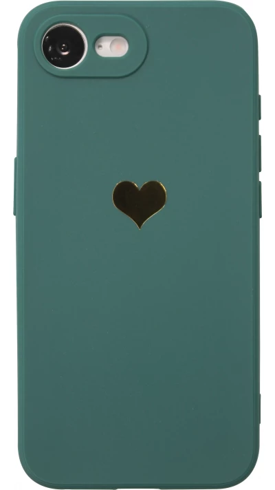 iPhone 16e Case Hülle - Silikon Mat Herz gold - Dunkelgrün