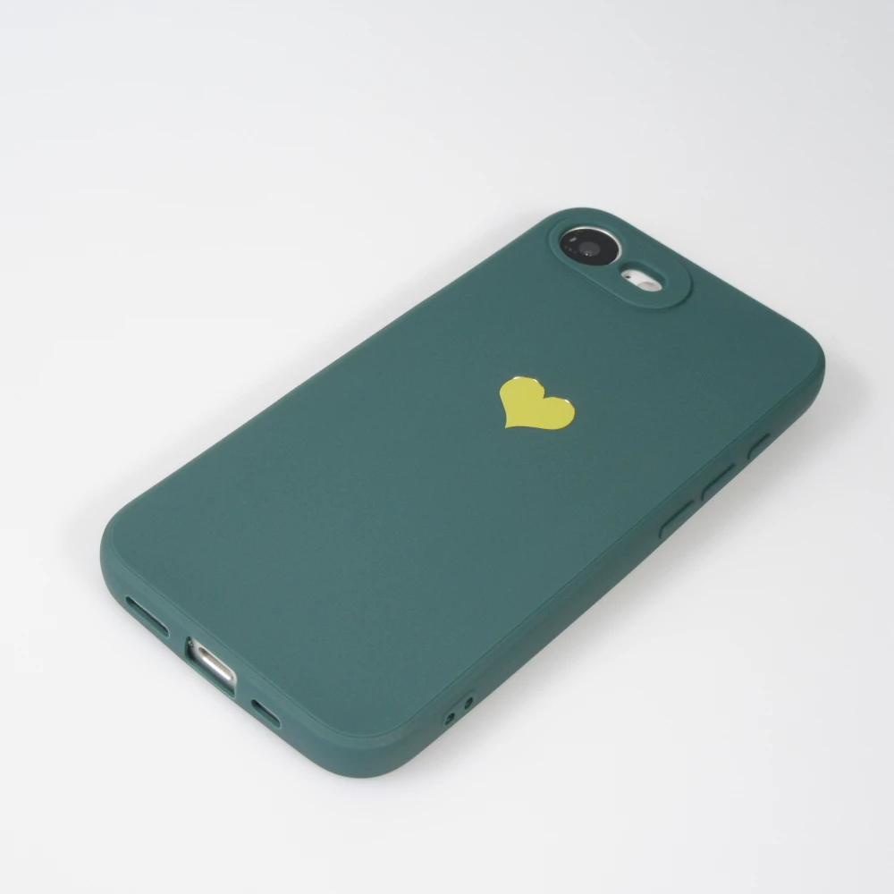 iPhone 16e Case Hülle - Silikon Mat Herz gold - Dunkelgrün