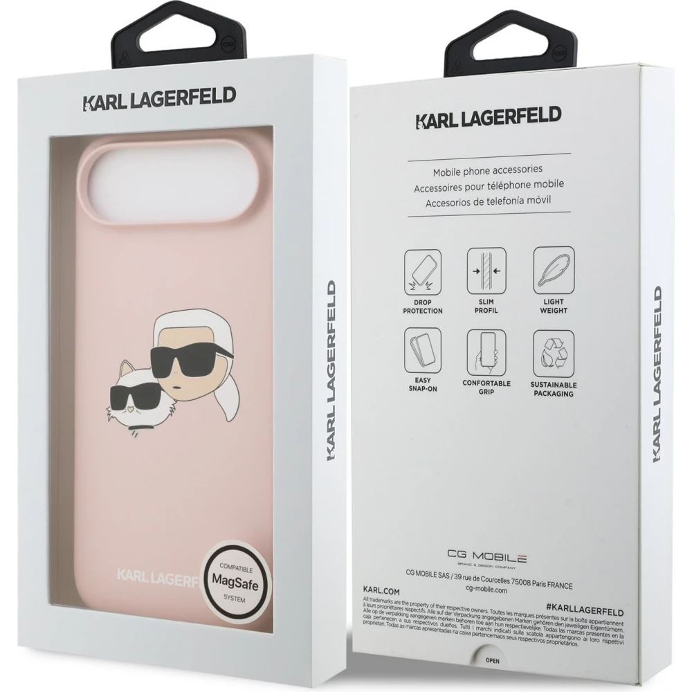 Coque iPhone 17 Air - Karl Lagerfeld Liquid en silicone avec design tête Karl et Choupette compatible MagSafe - Rose