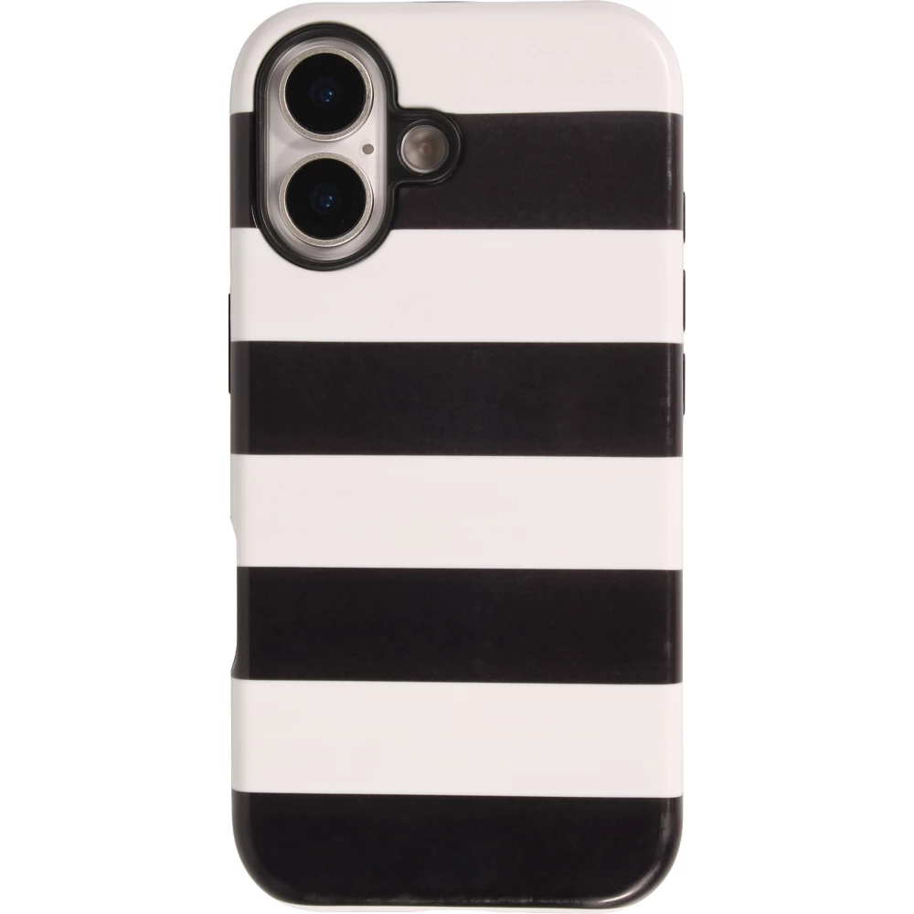Coque iPhone 17 - Bold stripes à rayures noires et blanches double protection avec intérieur en silicone et extérieur en plastique rigide - Noir